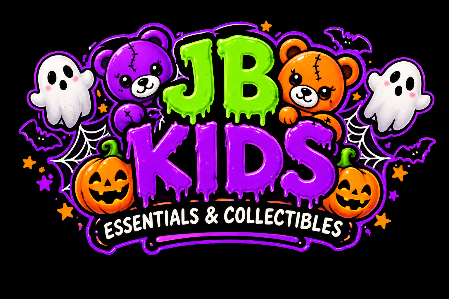 JB Kids Halloween logo with pumpkins, ghosts and teddy bears